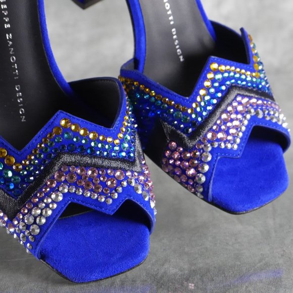 Giuseppe Zanotti LAVINIA Blue Suede Crystal Peep Toe Heels Size 7* US 37 EU S1E1 - Picture 5 of 12